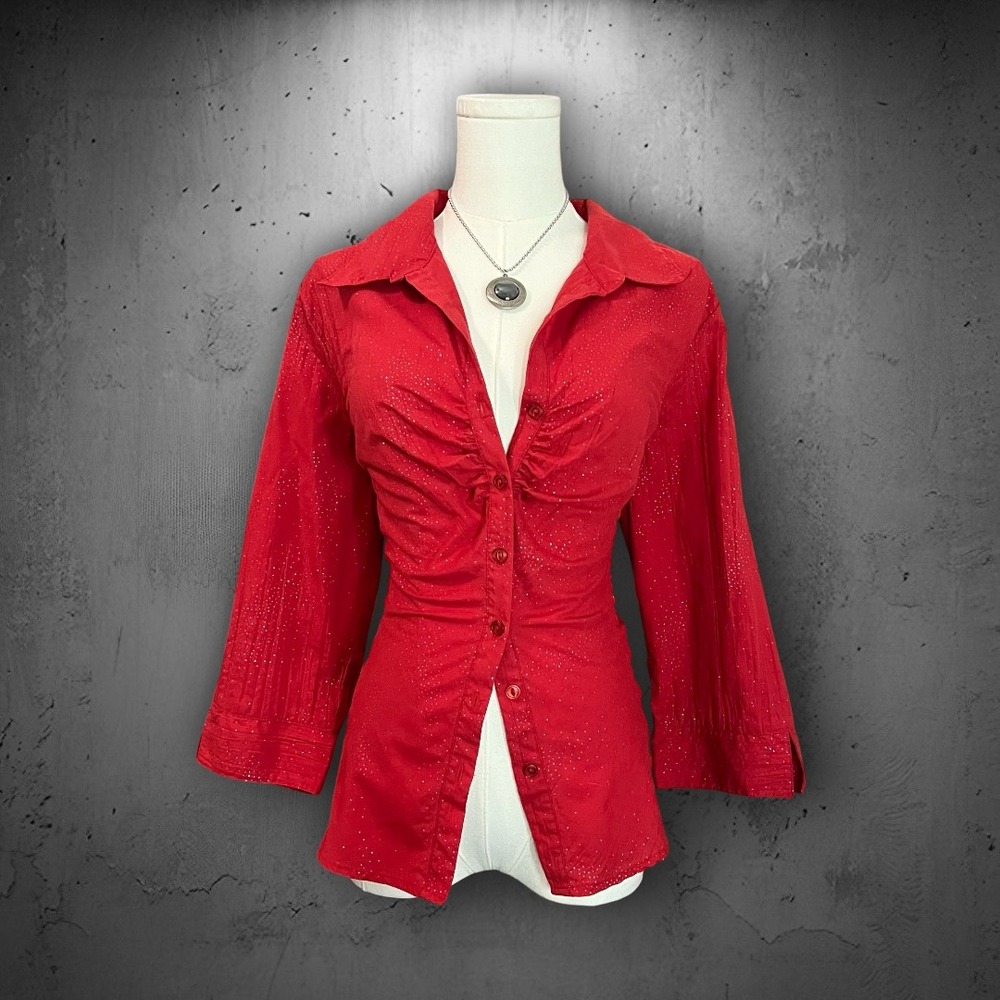 Y2K Manhattan Girl Red Silver Glitter Ruched Button Down 3/4 Sleeve Top XL